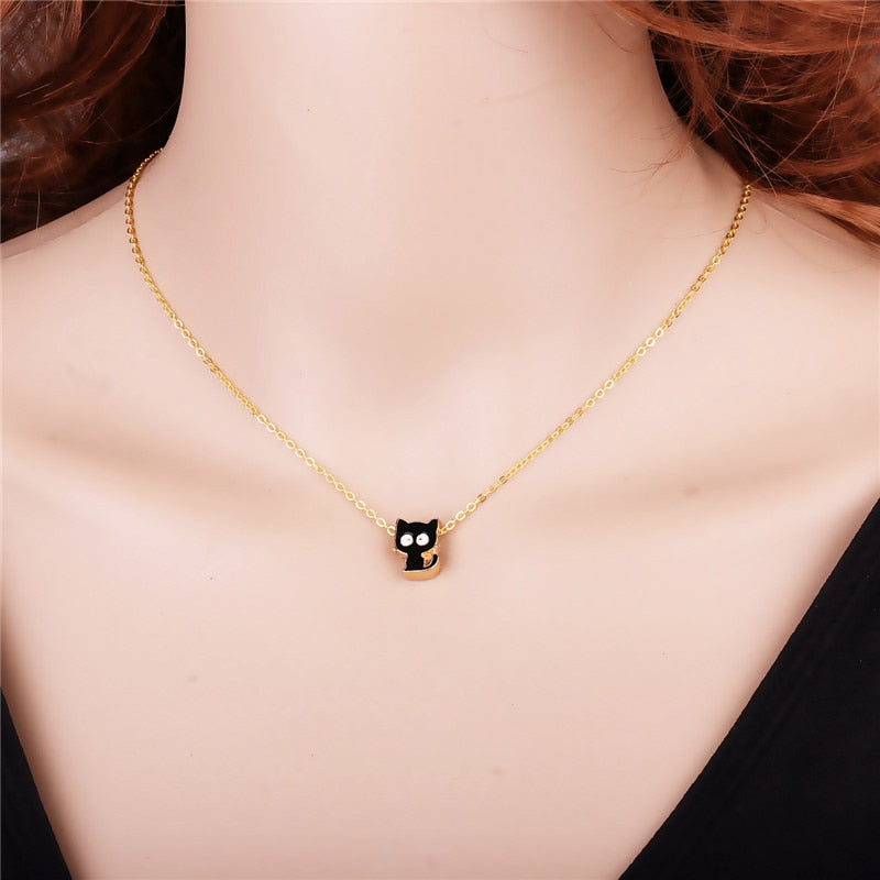 Fashion charm cartoon pendant short necklace black cat summer trendy Gold color fine chain women sexy lariat necklaces