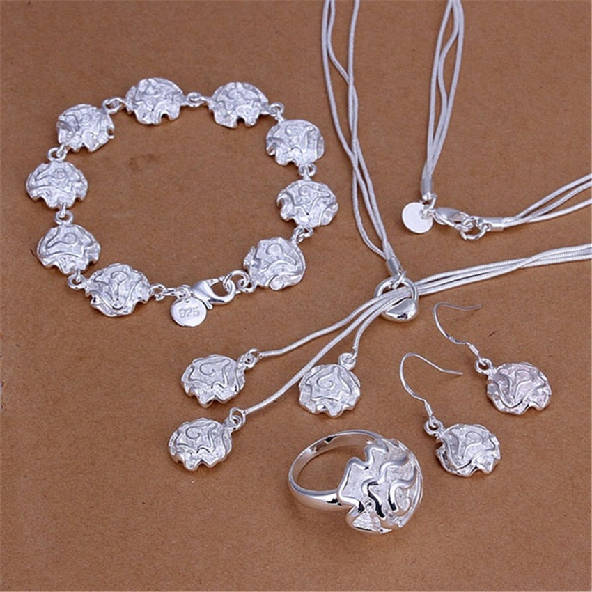 designer 925 sterling Silver fine Rose flower rings Bracelet necklace earrings Jewelry set for women Party wedding gifts