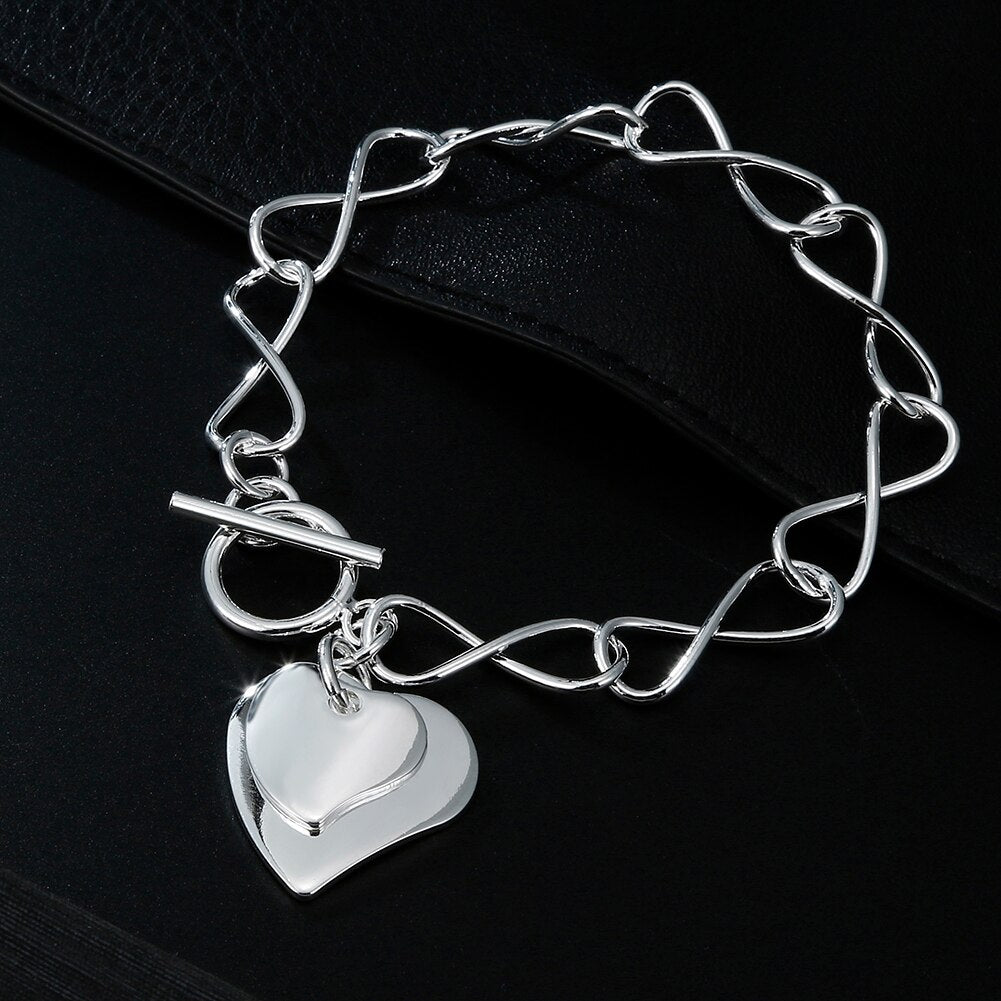 designer brands 925 sterling silver romantic Double Heart Pendant Bracelets for women party wedding Jewelry Couple gifts