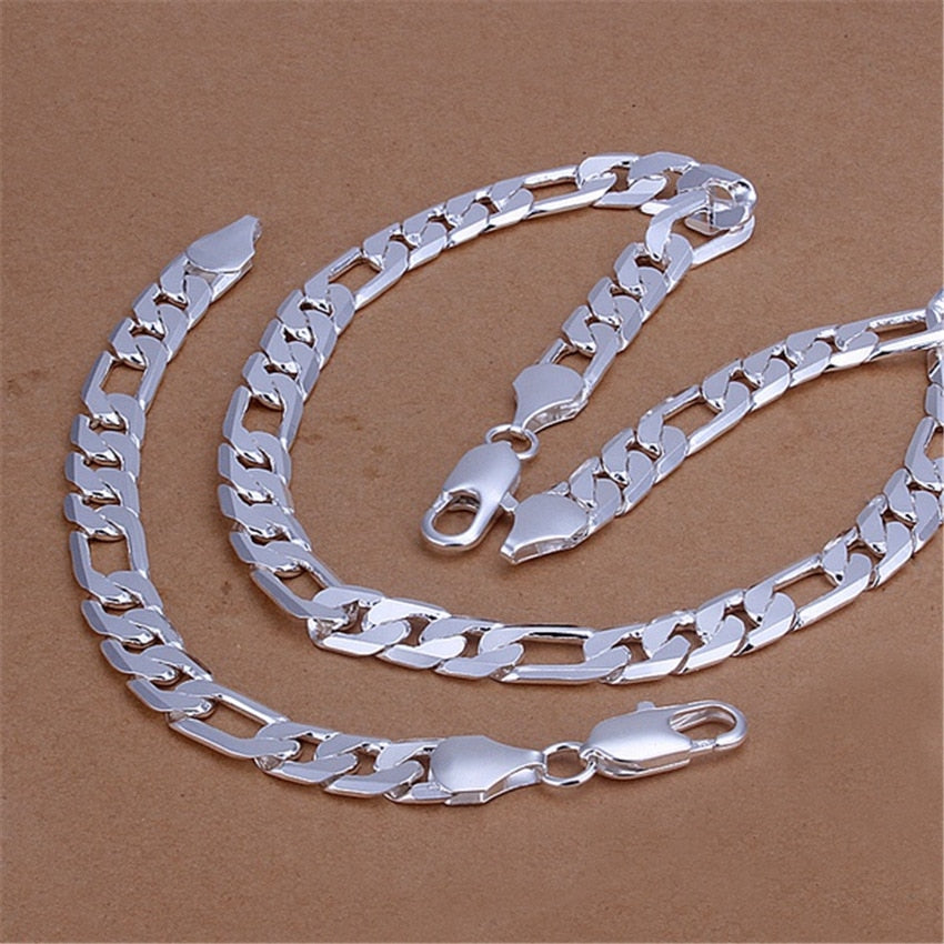 designer jewelry set fine 12MM geometry Chain 925 sterling Silver Bracelets necklace for men woman 18-30 inch Party Gift