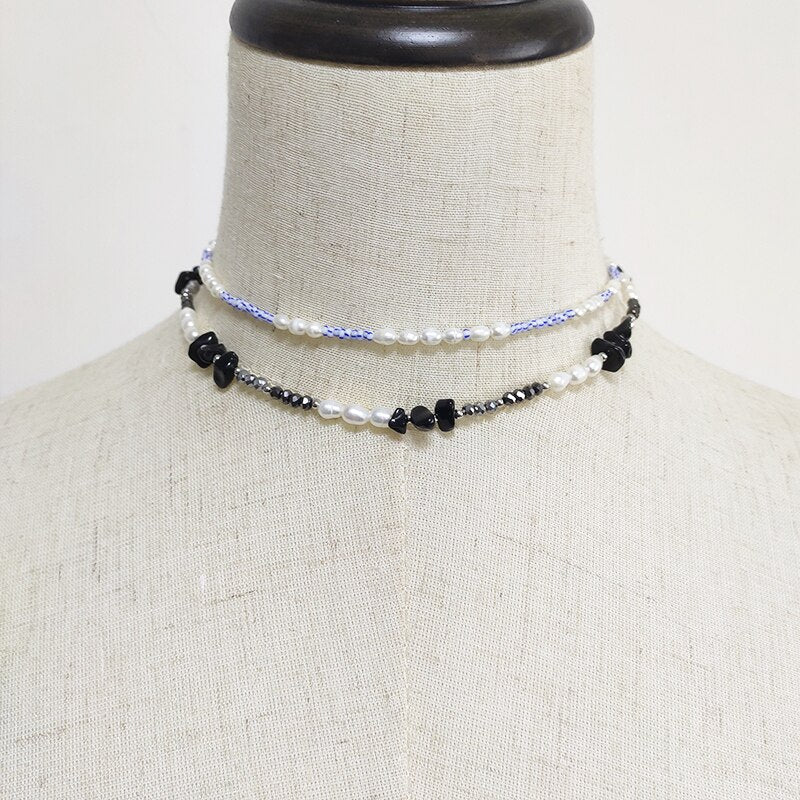 exquisite blue bead short necklace natural freshwater pearls mix and match boho style jewelry handmade adjustable choker