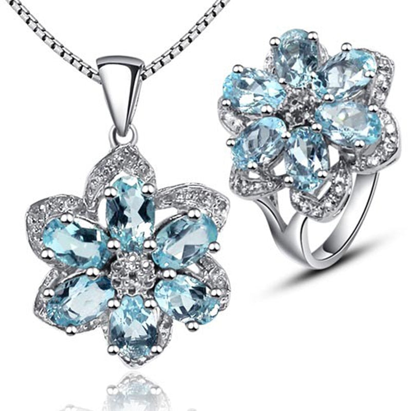 Fashion gemstone silver jewelry set for party natural sky blue topaz ring and necklace pendant jewelry set solid 925 silver set