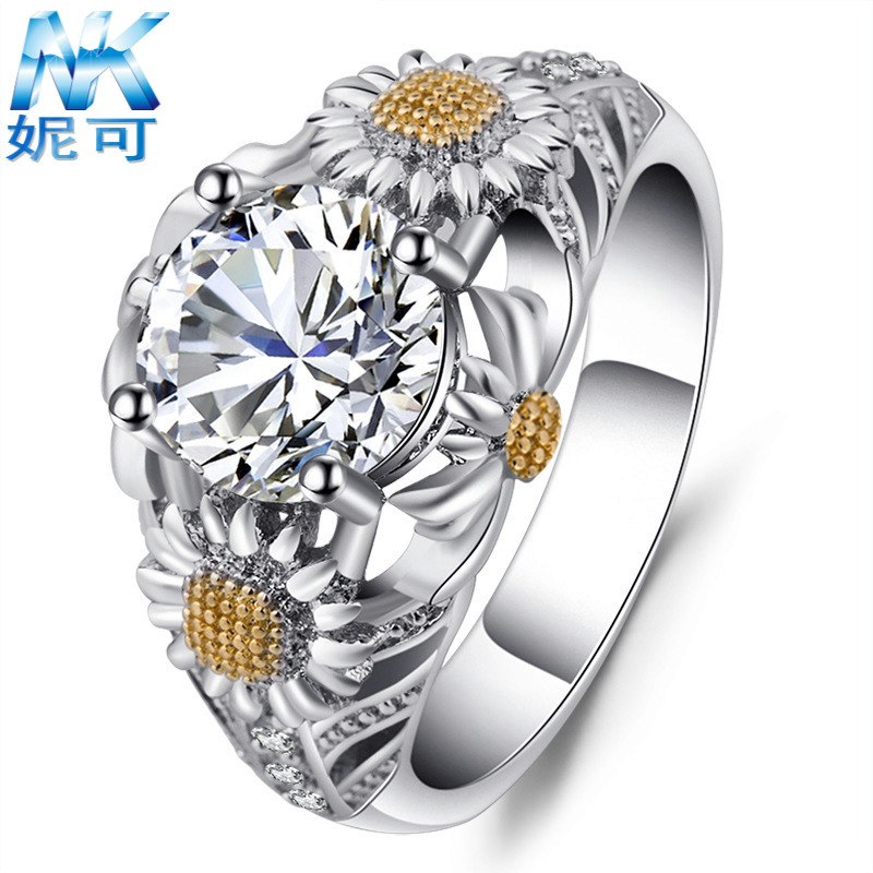 Fashion jewelry, hollowed flower, sunflower, zircon ring, female topaz ring.   lots bulk