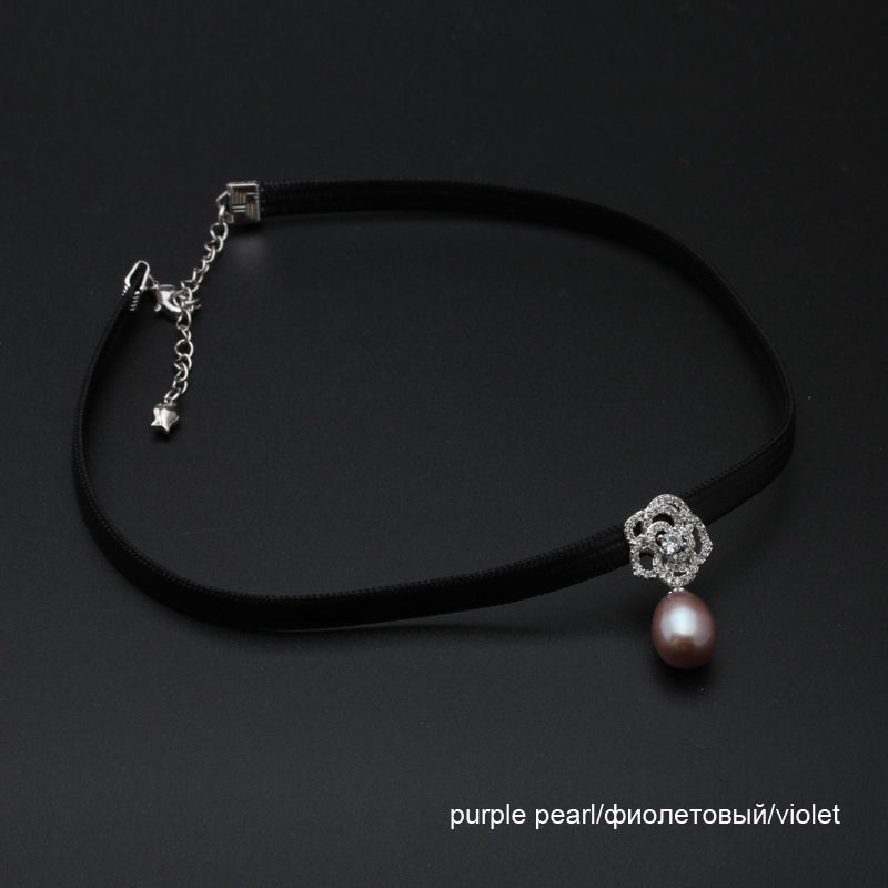 Fashion leather necklace women,trendy choker necklace with natural pearl pendant party gift