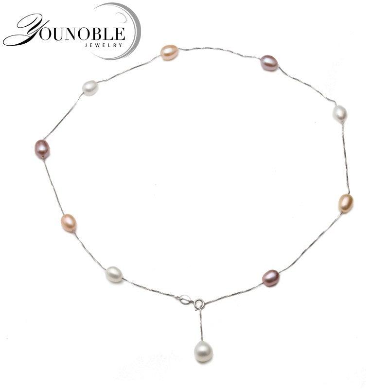 Fashion multi color adjustable 925 sterling silver chain,real natural pearl necklace pendant jewelry for women