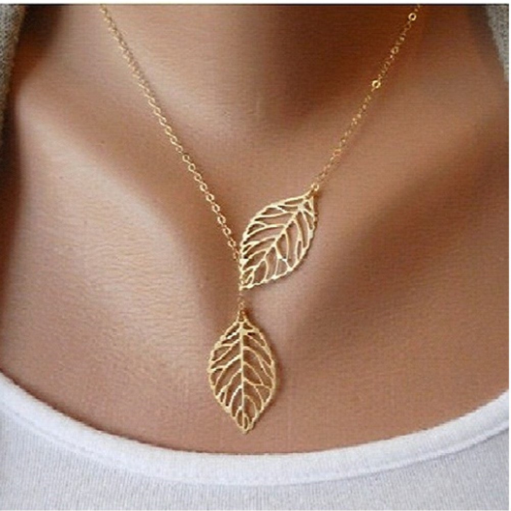 Fashion necklaces for women Simple Classic Gold Silver Two Leafs Statment Chain Necklaces & Pendants summer style CX237