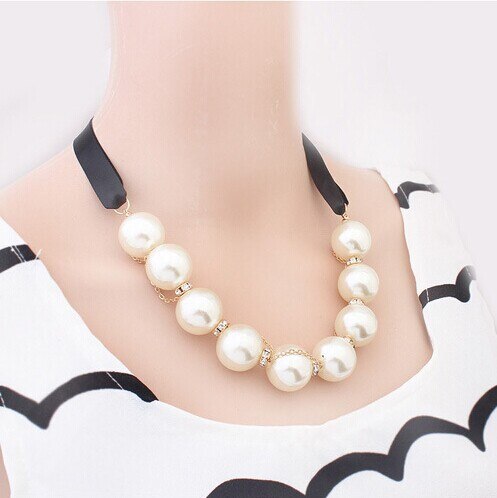 office/career(OL) style women ribbon pearl set auger necklace jewelry 2021,black ribbon gold-color pearl necklace
