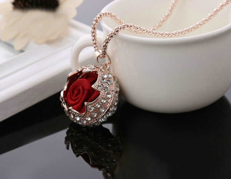 Fashion red flower pendant rose gold color crystal long necklace/new arrival women wedding accessories  /collier femme