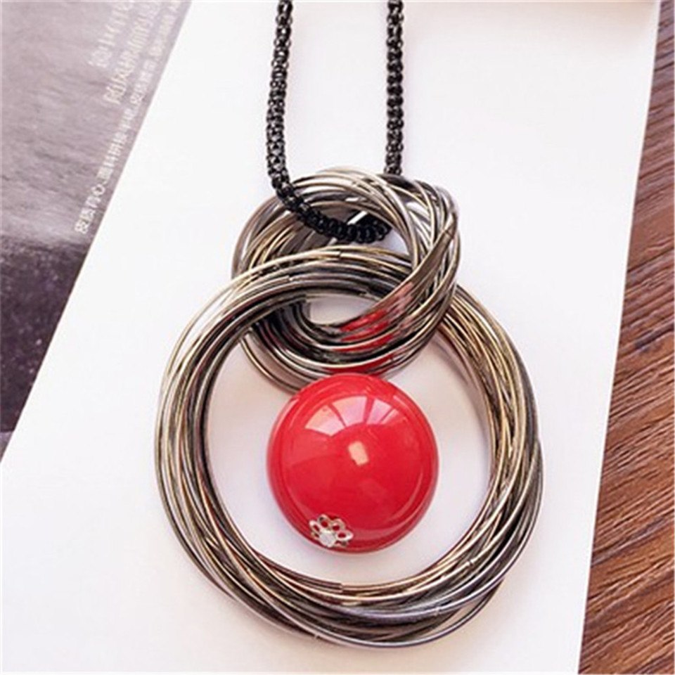 Fashion red white simulation pearl ball long pendant sweater necklace New circle black chain maxi necklaces women jewelry gifts