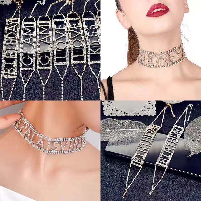 sexy 6 letters Rhinestone Necklace for women kissing love letter sparkling crystal necklace wedding party jewelry gifts