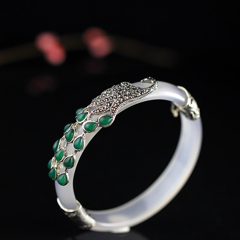 Fashion silver items S925 pure silver ornaments national peacock flying southeast wind seiko women white pith bracelet