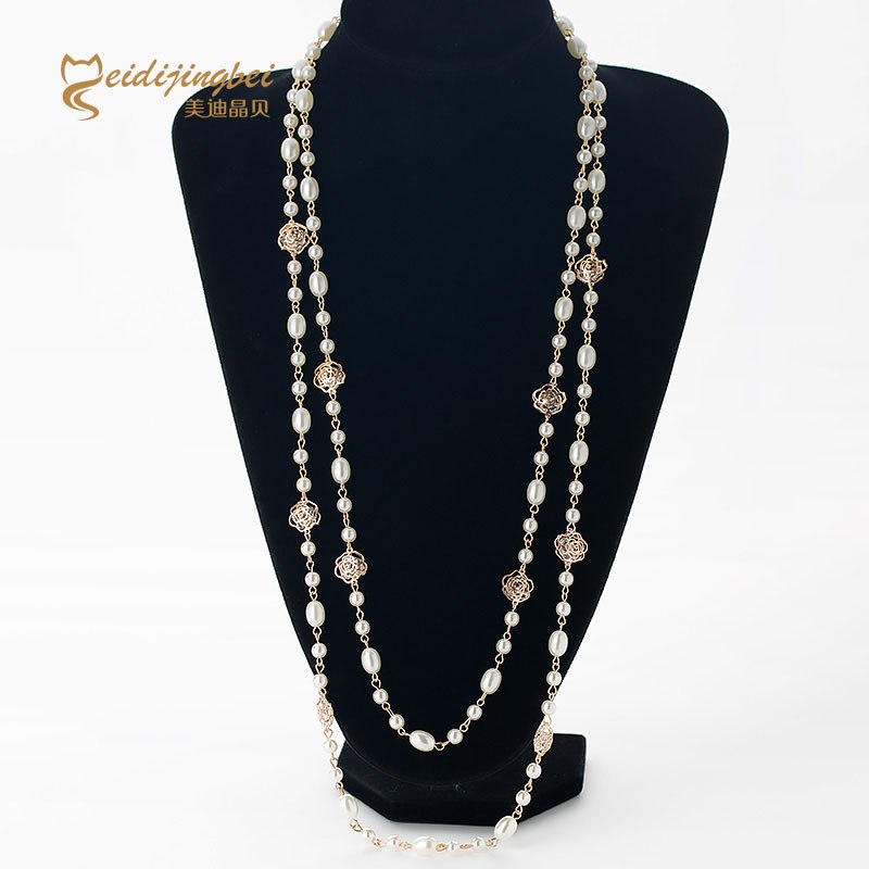 Fashion simulated pearls women long necklace zi alloy gold color chain strand beads ladies sweater necklaces jewelry MDJB251