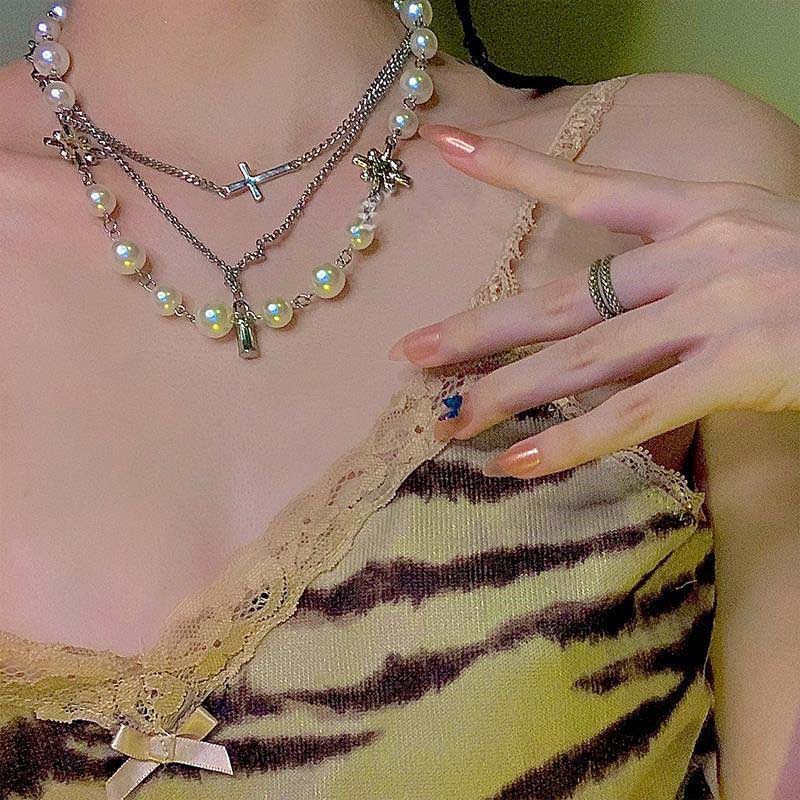 temperament pearl multi-layer stitching trend pearl neck jewelry cross bead children's sweater chain necklace