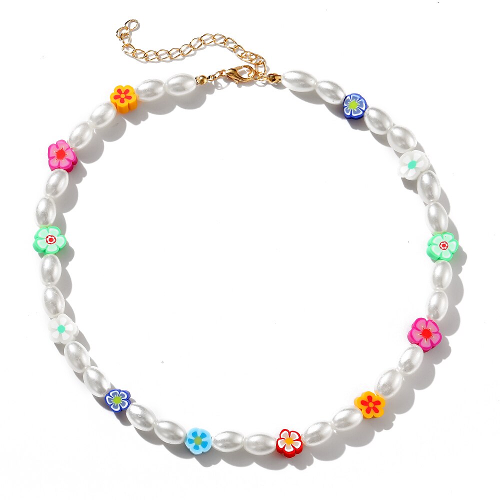trend imitation pearl rubber flower necklace European and American necklace fairy necklace cross-border jewelry