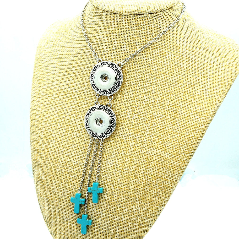 Fashion trendy Turquoises Cross Tassels 2flower buttons snap necklace 60cm fit 18MM snap buttons jewelry   DJ0146