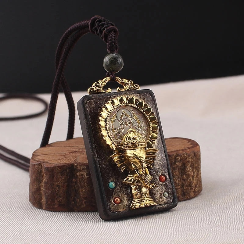 vintage Ancient Nepal Thangka Buddha statue god ebony Elephant pendant necklace exotic for men and women sweater chain