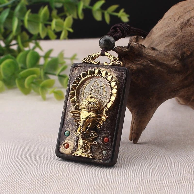 vintage Ancient Nepal Thangka Buddha statue god ebony Elephant pendant necklace exotic for men and women sweater chain