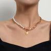 Fashionable Design Pearls and Link Chain Combined Women`s Heart Pendant Choker Necklace