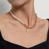 Fashionable Design Pearls and Link Chain Combined Women`s Heart Pendant Choker Necklace