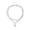 Fashionable Design Pearls and Link Chain Combined Women`s Heart Pendant Choker Necklace