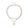 Fashionable Design Pearls and Link Chain Combined Women`s Heart Pendant Choker Necklace