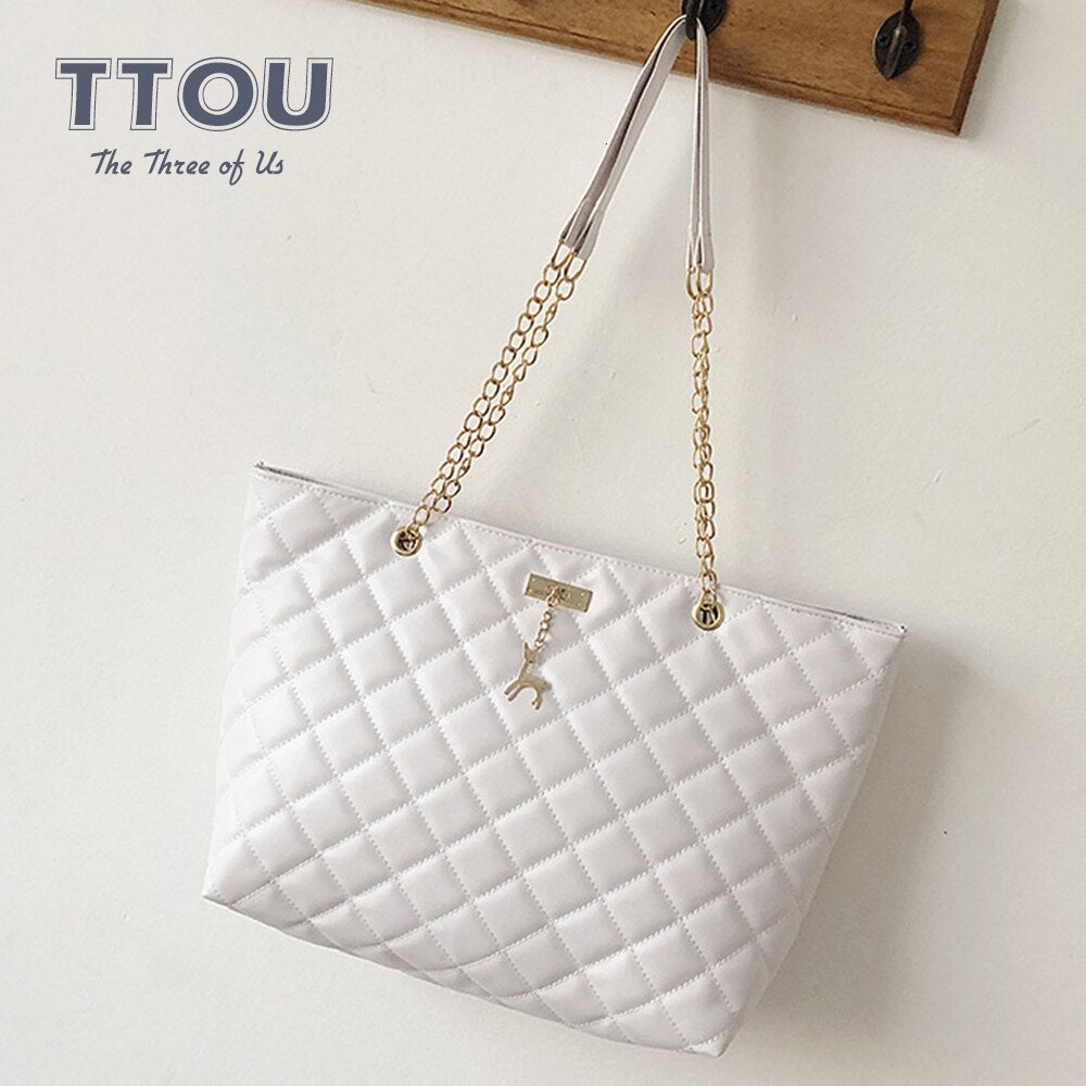 Fashionable Plaid Women Shoulder Bag Fawn Metal Decoration Lady Travel Bag Chain High Capacity Female Shopping Bag Tote Handbag