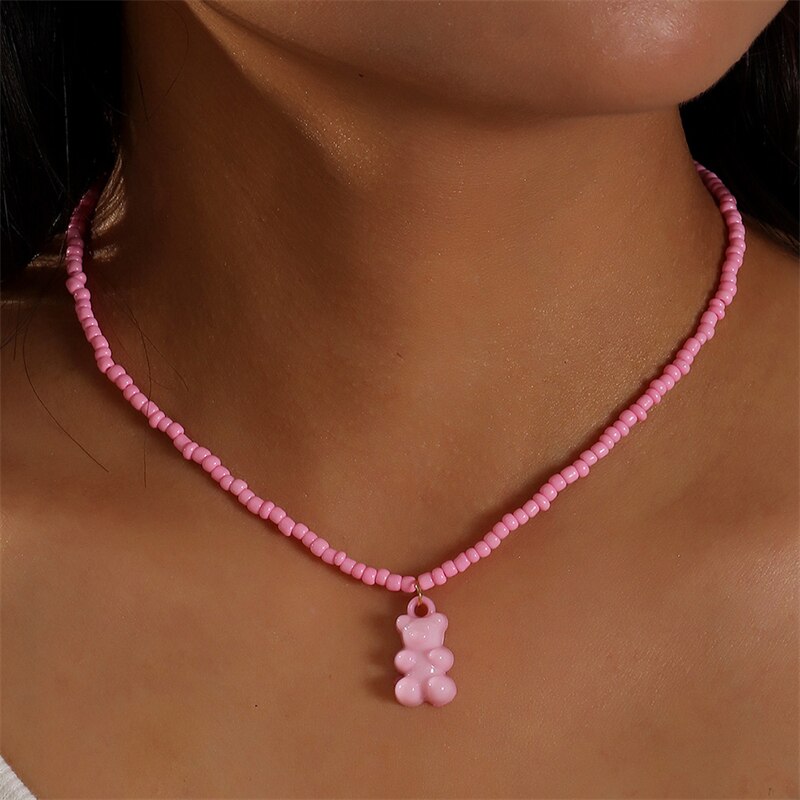 Fashionable Simple Creative Candy Color Acrylic Bear Pendant Trendy Personality Rice Bead Beaded Necklace Women's Party Jewelry