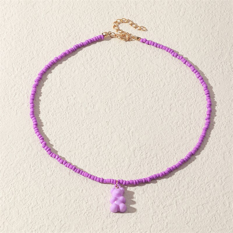 Fashionable Simple Creative Candy Color Acrylic Bear Pendant Trendy Personality Rice Bead Beaded Necklace Women's Party Jewelry