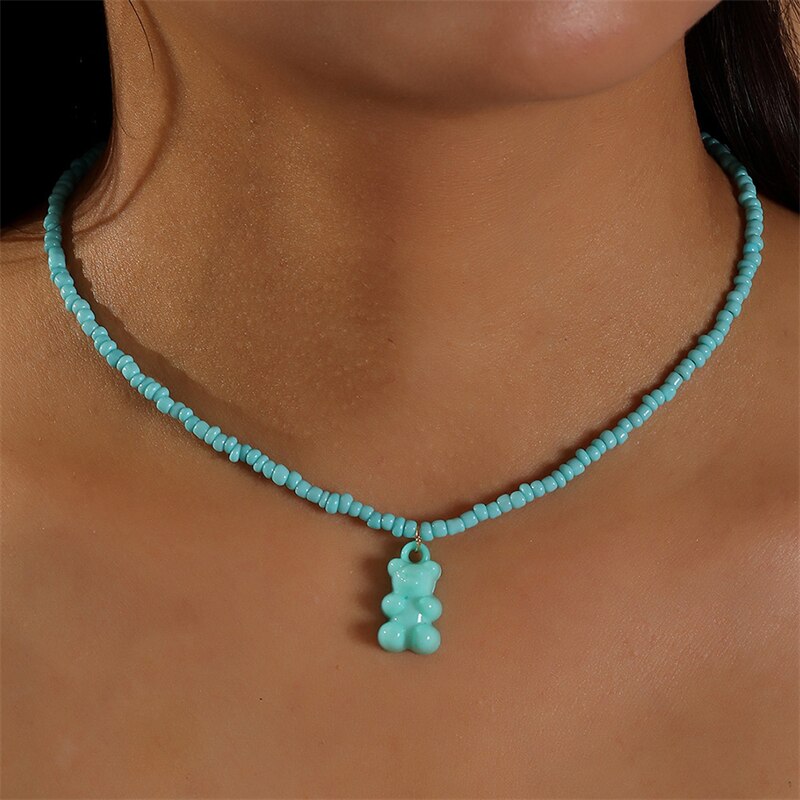 Fashionable Simple Creative Candy Color Acrylic Bear Pendant Trendy Personality Rice Bead Beaded Necklace Women's Party Jewelry
