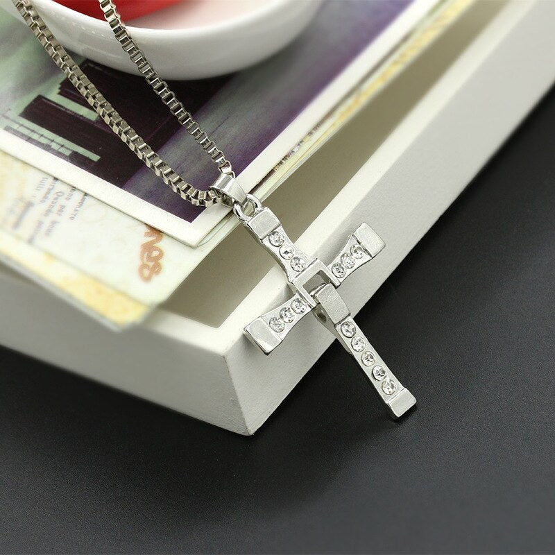 Fast And Furious 8 Necklace Dominic Toretto Cross Silver Color Cubic Zirconia Pendant Movie Jewelry For Men And Women