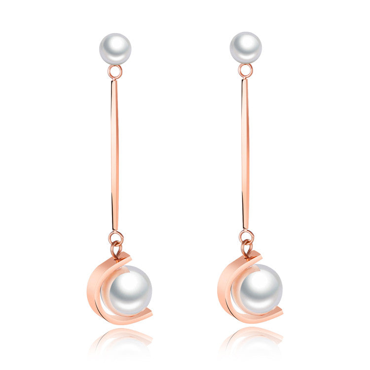 Elegant Pearl Tassel Stud Earring Woman Rose Gold Color Stainless Steel Birthd Jewelry Gift Never Fade Drop Shipping