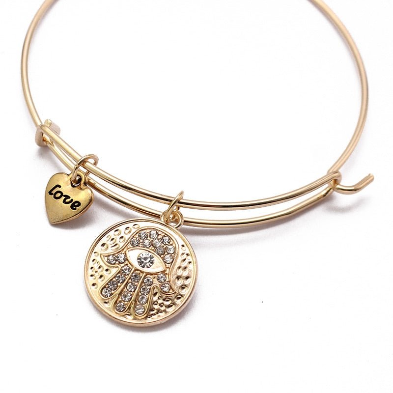 Fatima Hamsa Hand Crystal Bangles Bracelet Adjustable Expandable Wire Bangle LOVE Heart Charm For Women Pulseira Jewelry Gifts