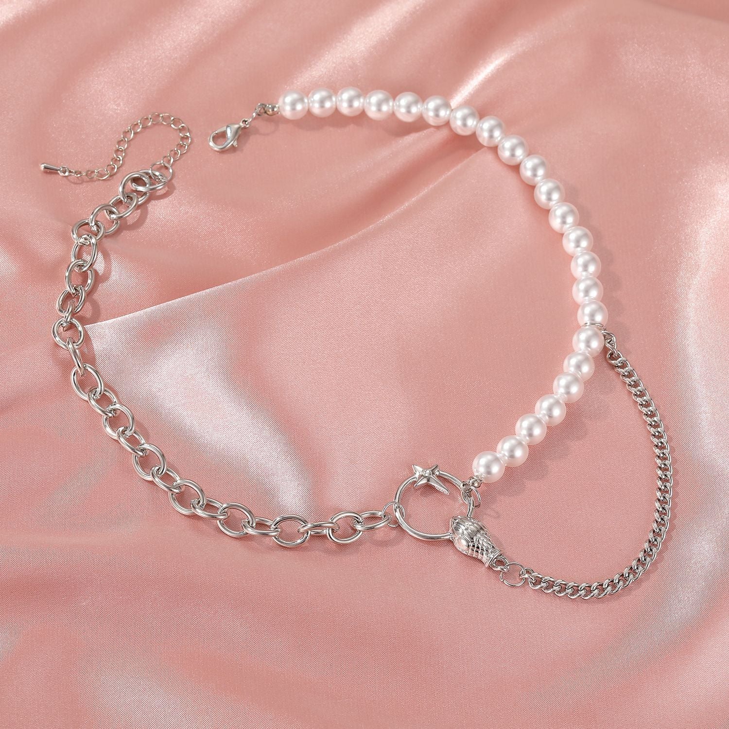 Faux Pearl Link Chain Choker Necklace Women Silver Color Stainless Steel Lady Necklace Femme Jewelry