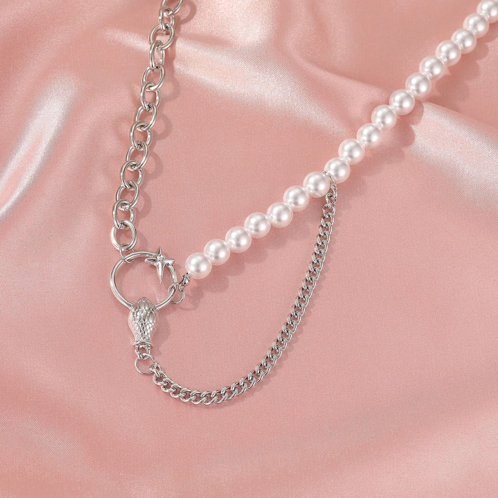 Faux Pearl Link Chain Choker Necklace Women Silver Color Stainless Steel Lady Necklace Femme Jewelry