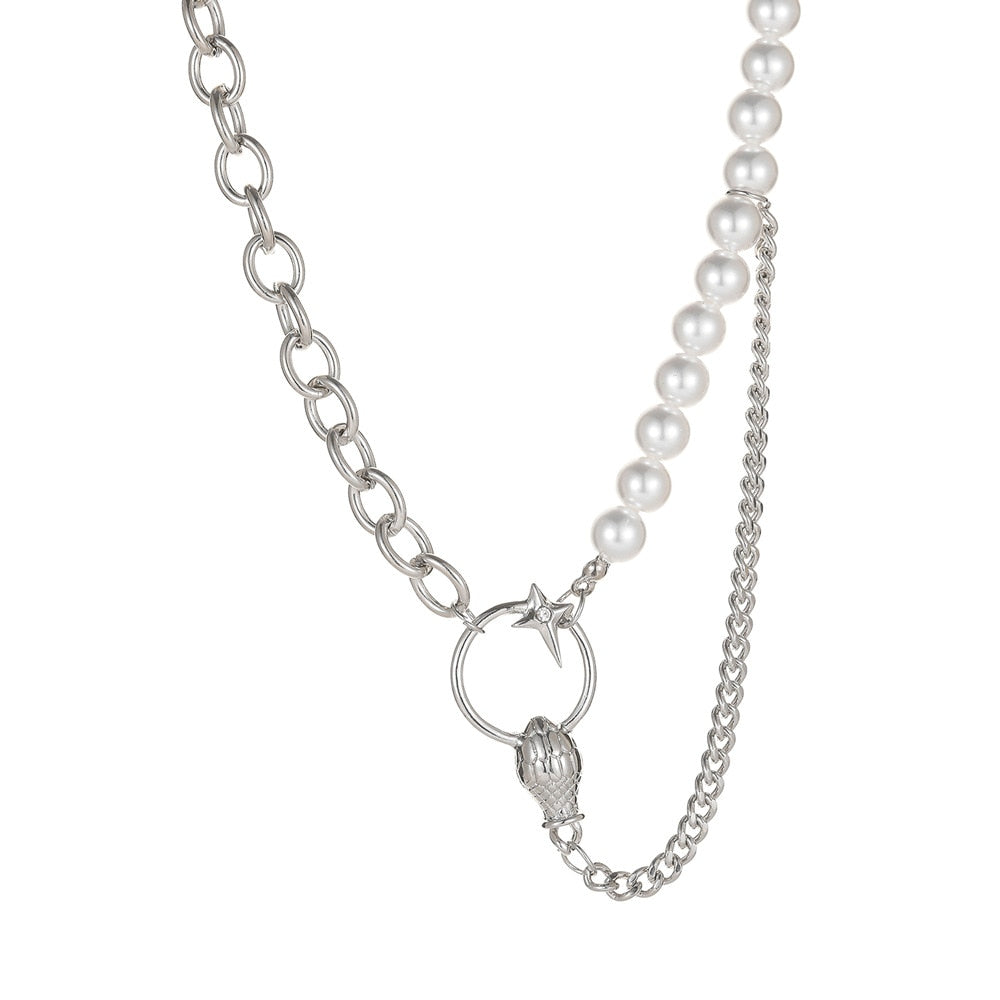 Faux Pearl Link Chain Choker Necklace Women Silver Color Stainless Steel Lady Necklace Femme Jewelry
