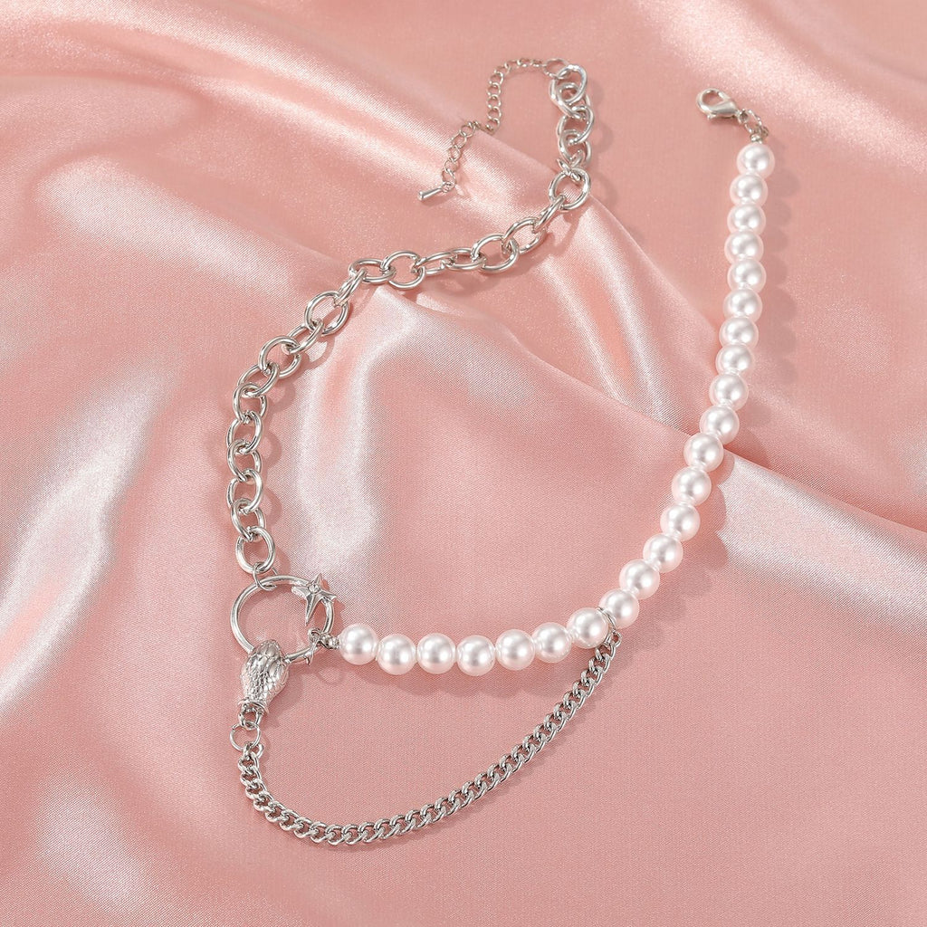 Faux Pearl Link Chain Choker Necklace Women Silver Color Stainless Steel Lady Necklace Femme Jewelry