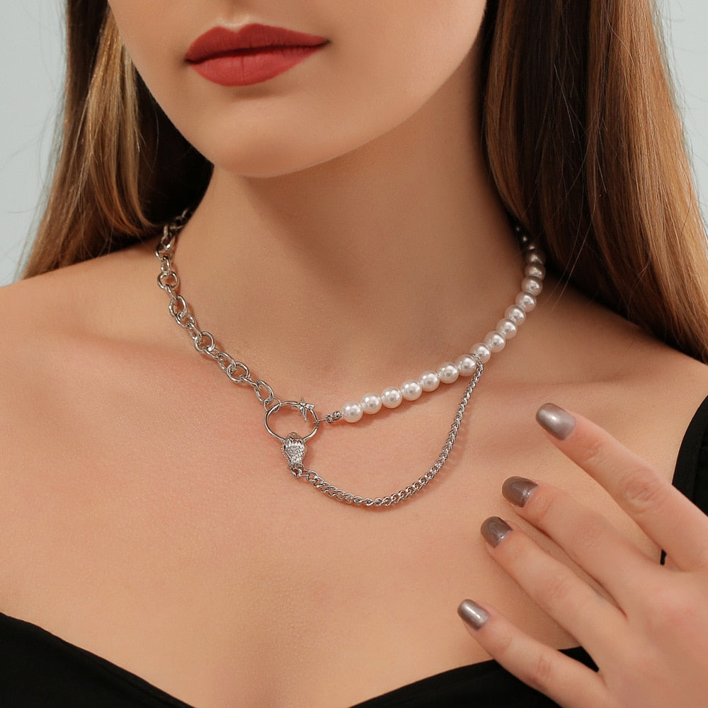 Faux Pearl Link Chain Choker Necklace Women Silver Color Stainless Steel Lady Necklace Femme Jewelry