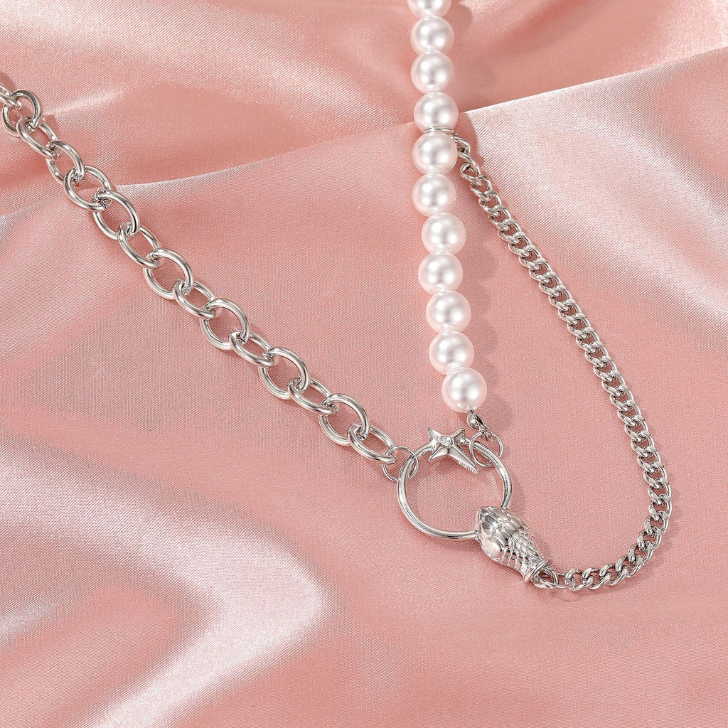 Faux Pearl Link Chain Choker Necklace Women Silver Color Stainless Steel Lady Necklace Femme Jewelry