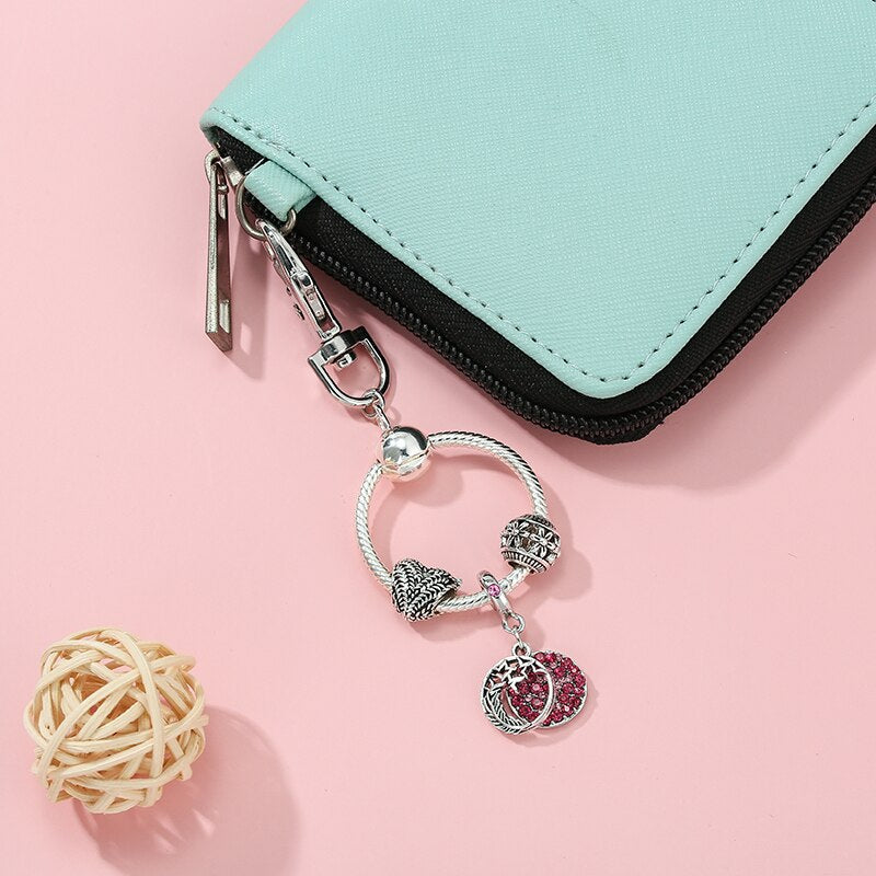 Feather Charm Keychain Wallet Pendant DIY Original Crystal Charm Beads Brand Keyrings For Women Jewelry Gifts