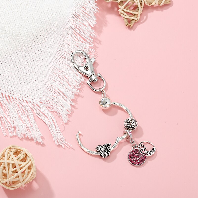 Feather Charm Keychain Wallet Pendant DIY Original Crystal Charm Beads Brand Keyrings For Women Jewelry Gifts
