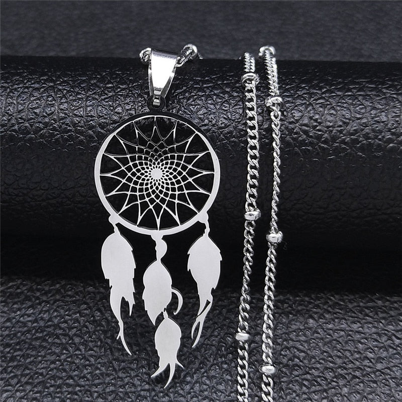 Feather Dream Catcher Stainless Steel Necklace Chain for Women/Men Silver Color Pendants Necklaces Jewelry colgante N7021S04