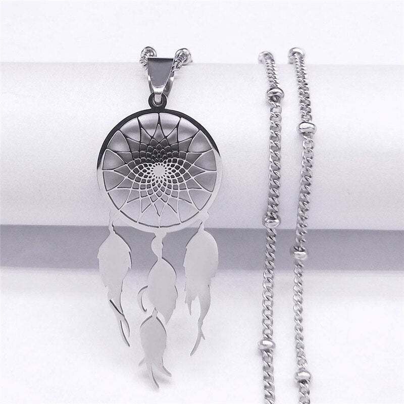 Feather Dream Catcher Stainless Steel Necklace Chain for Women/Men Silver Color Pendants Necklaces Jewelry colgante N7021S04