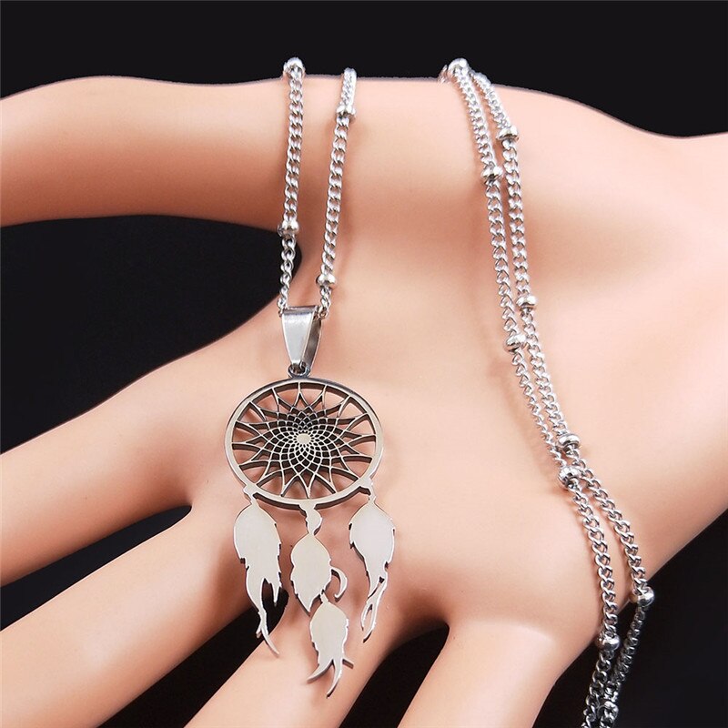 Feather Dream Catcher Stainless Steel Necklace Chain for Women/Men Silver Color Pendants Necklaces Jewelry colgante N7021S04