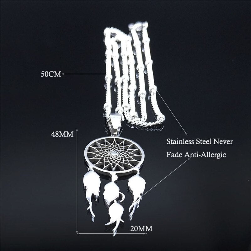 Feather Dream Catcher Stainless Steel Necklace Chain for Women/Men Silver Color Pendants Necklaces Jewelry colgante N7021S04