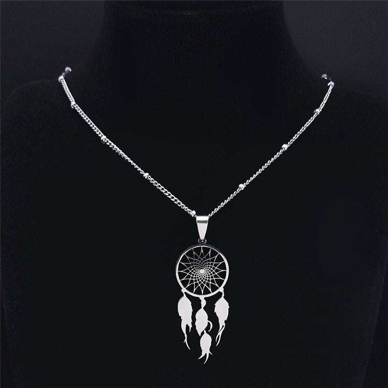Feather Dream Catcher Stainless Steel Necklace Chain for Women/Men Silver Color Pendants Necklaces Jewelry colgante N7021S04