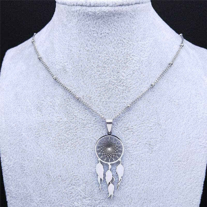 Feather Dream Catcher Stainless Steel Necklace Chain for Women/Men Silver Color Pendants Necklaces Jewelry colgante N7021S04