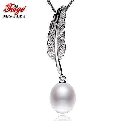 Feather Natural Pearl Pendant Necklaces for Women 8-9MM White Rice Pearl 925 Sterling Silver Chain Fine Jewelry FEIGE