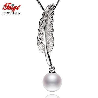 Feather Natural Pearl Pendant Necklaces for Women Gift 8-9MM Round Pearl 925 Sterling Silver Chain Fine Jewelry FEIGE