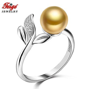 Real 925 Sterling Silver Ring 7-8mm Golden Pearl Rings for Women Fashion Style Accessories Anillos Fine Jewelry