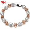 offer 7-8MM White Pearl Bracelet for Women Brown Crystal Strand Bracelets Baroque style Pearl Jewelry